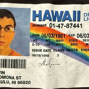 McLovin Hawaii ID Superbad Movie Black Unisex T-Shirt 100% Cotton NWOT Size M